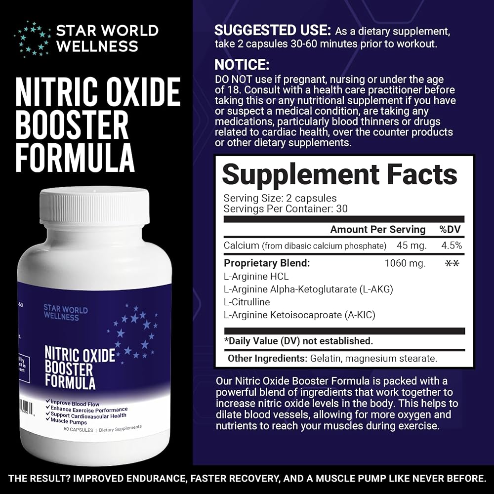 Star World Wellness Nitric Oxide Booster for Blood Flow - 60 Capsules - image 2