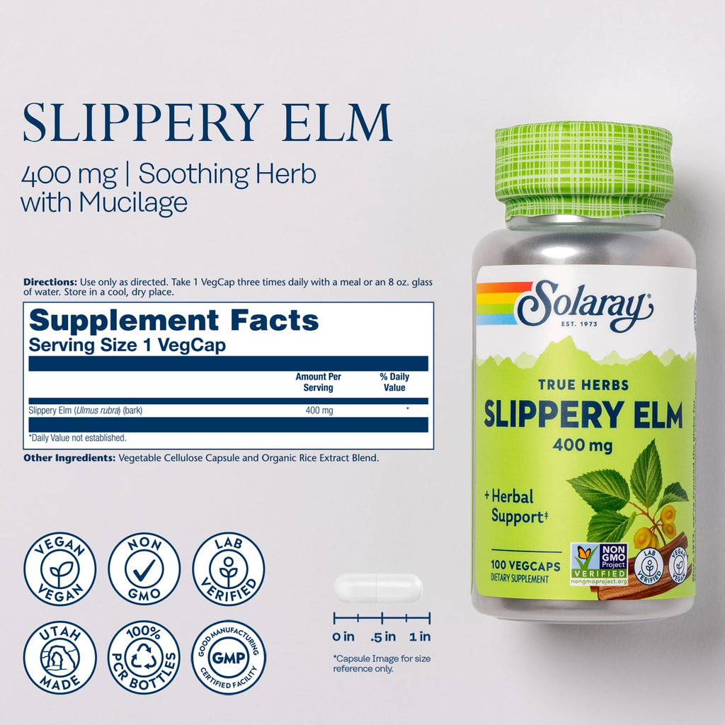 SOLARAY Slippery Elm Bark 400 mg Herbal Support - 100 Vegetarian Capsules - image 3