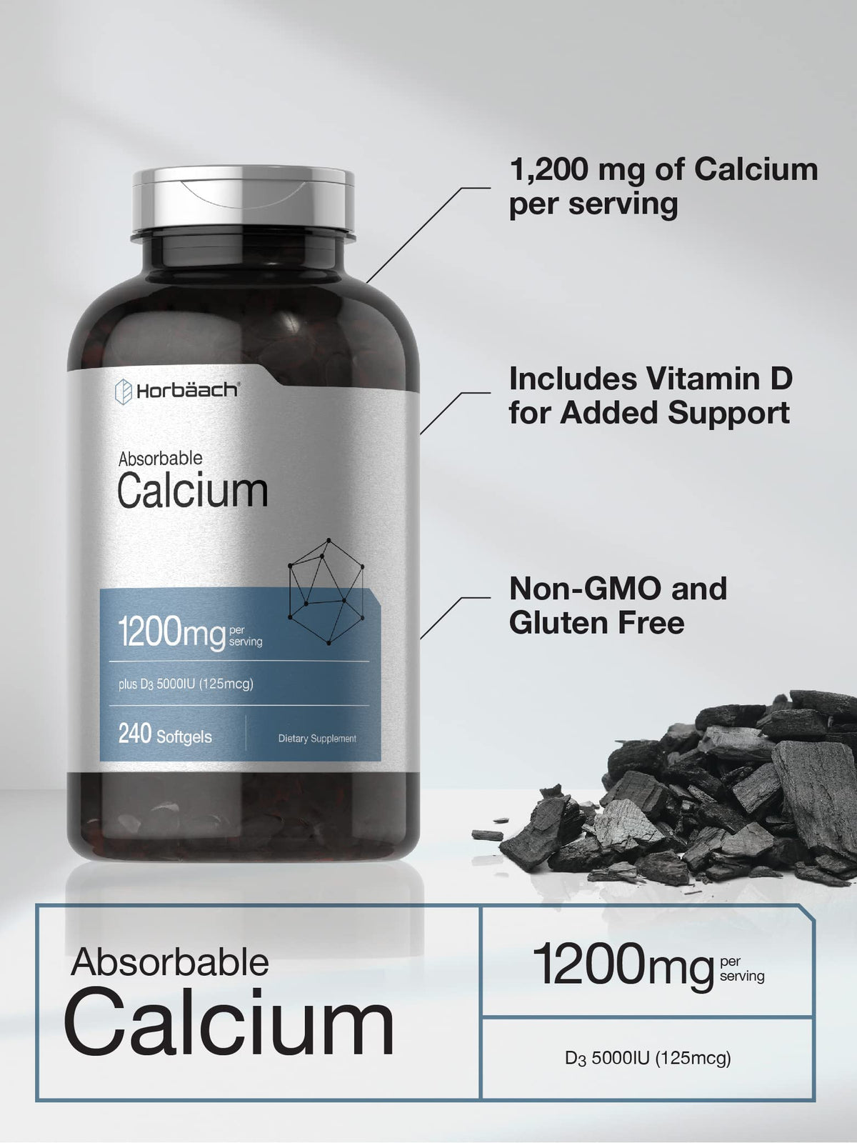 Horbäach Calcium 1200 mg with Vitamin D3 - 240 Softgels - image 3