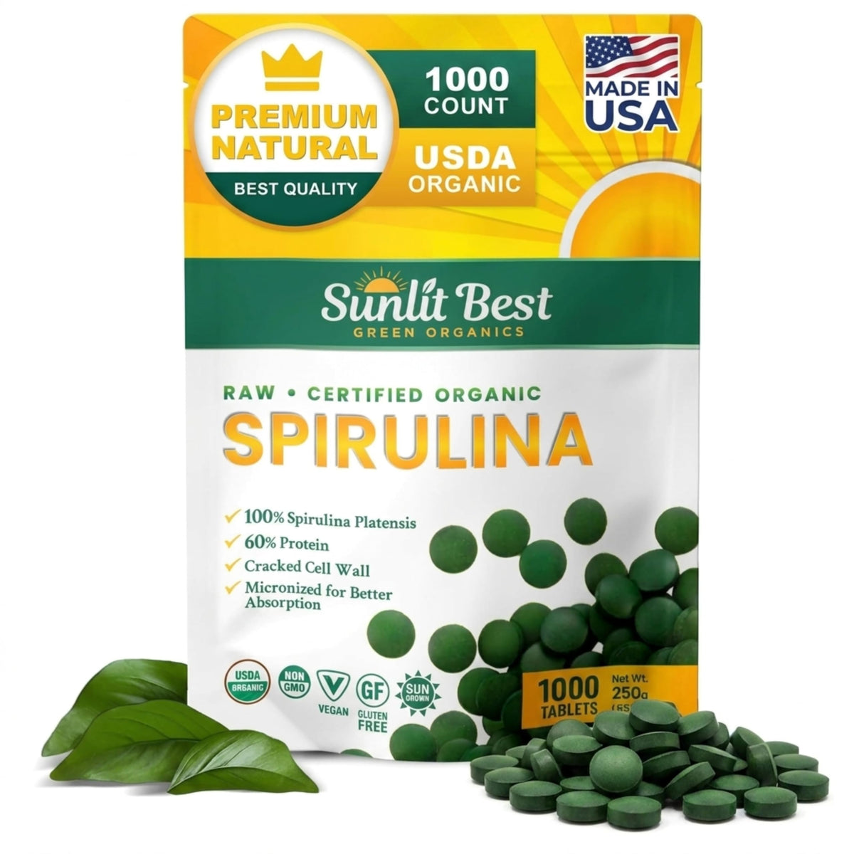 Sunlit Best Organic Spirulina Tablets Pure Superfood - 1000 Tablets