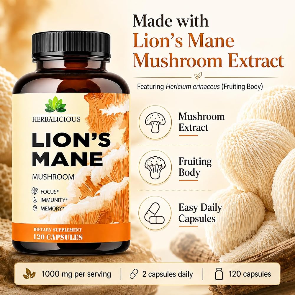 HERBALICIOUS Lion's Mane Supplement Capsules for Memory & Focus - 120 Capsules - image 4