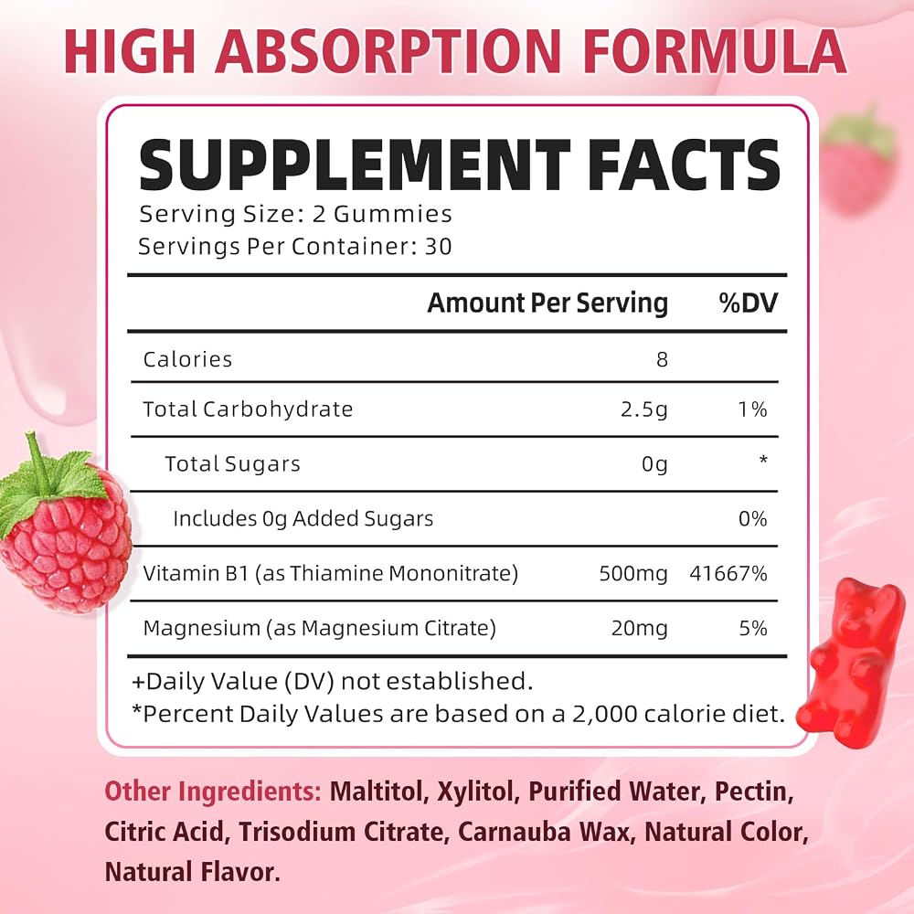 YUULAI Vitamin B1 Gummies 500mg for Adults & Kids