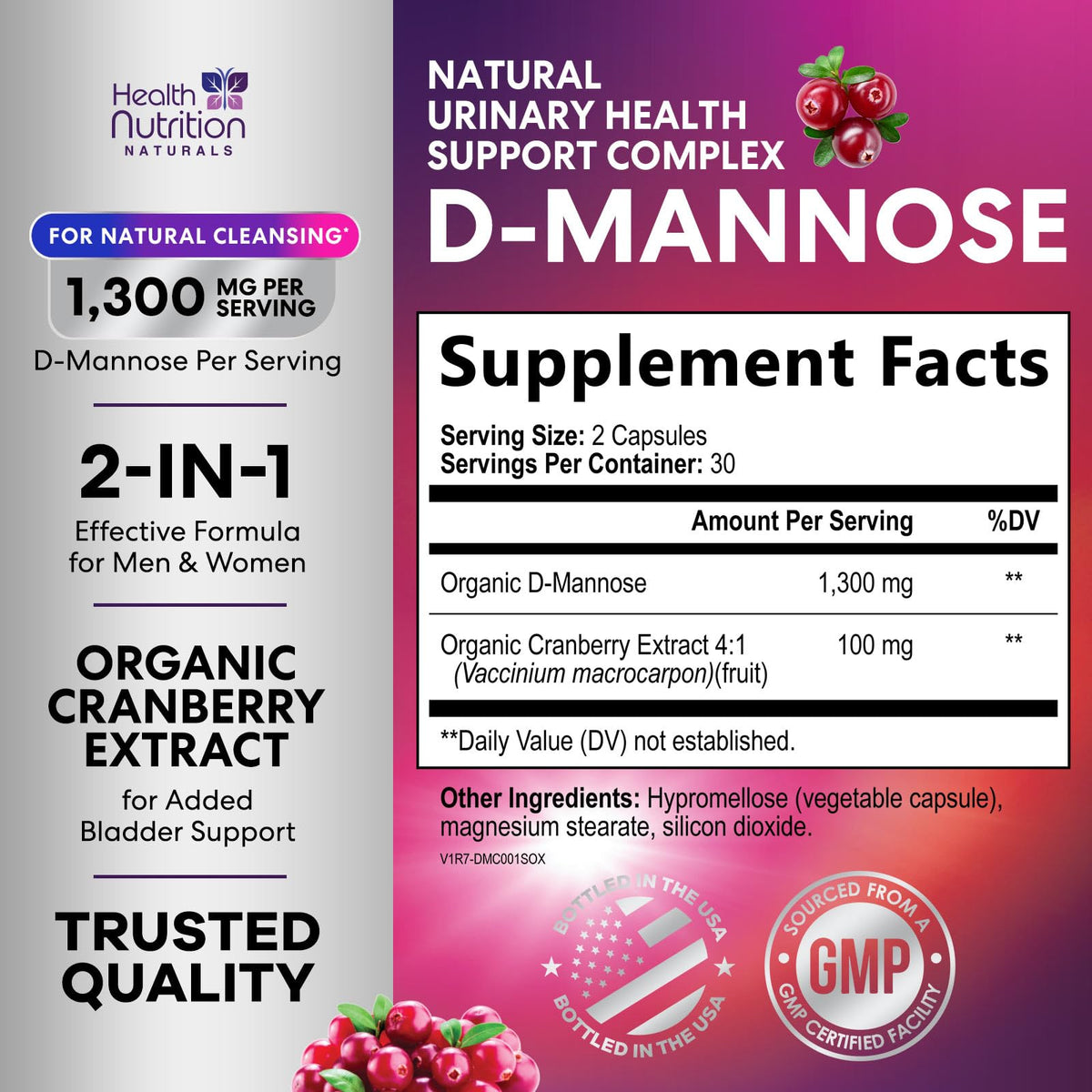 Health Nutrition Naturals D-Mannose 1300mg - Fast-Acting Organic D