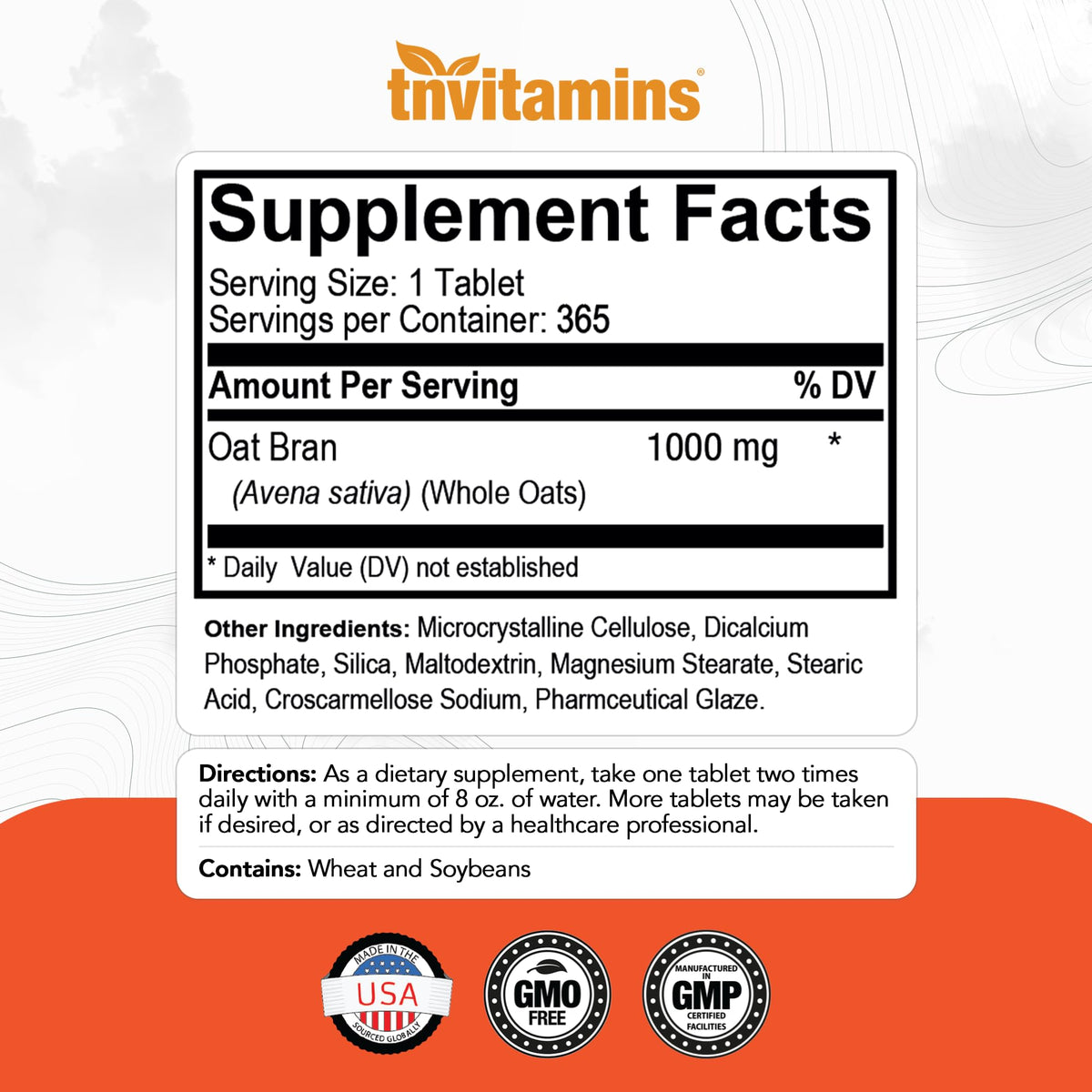 tnvitamins Oat Bran Tablets Digestive Fiber - 365 Tablets - image 2