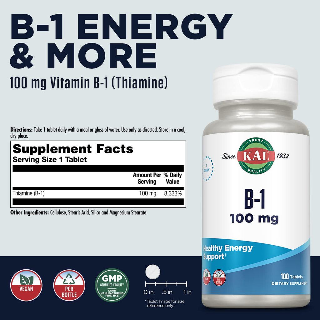 KAL Vitamin B1 100 mg Thiamine for Energy - 100 Tablets - image 2