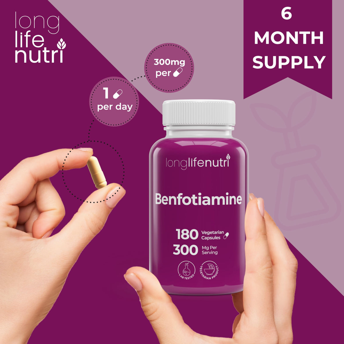LongLifeNutri Benfotiamine 300mg Vitamin B1 - 180 Vegetarian Capsules - image 5