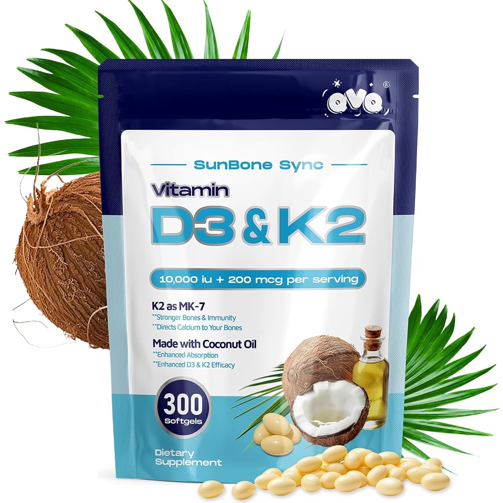 QVQ Vitamin D3 K2, 300 Softgels, Coconut Oil, Gluten-Free, Non-GMO