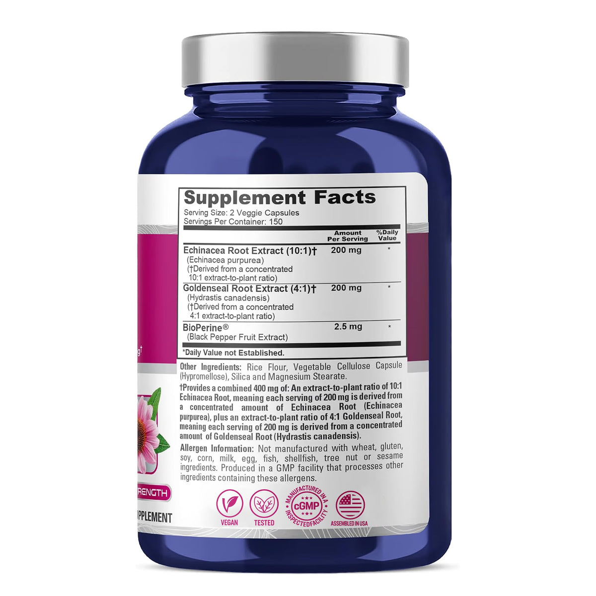 NusaPure Echinacea Goldenseal 400mg Vegan - 300 Vegetarian Capsules - image 2