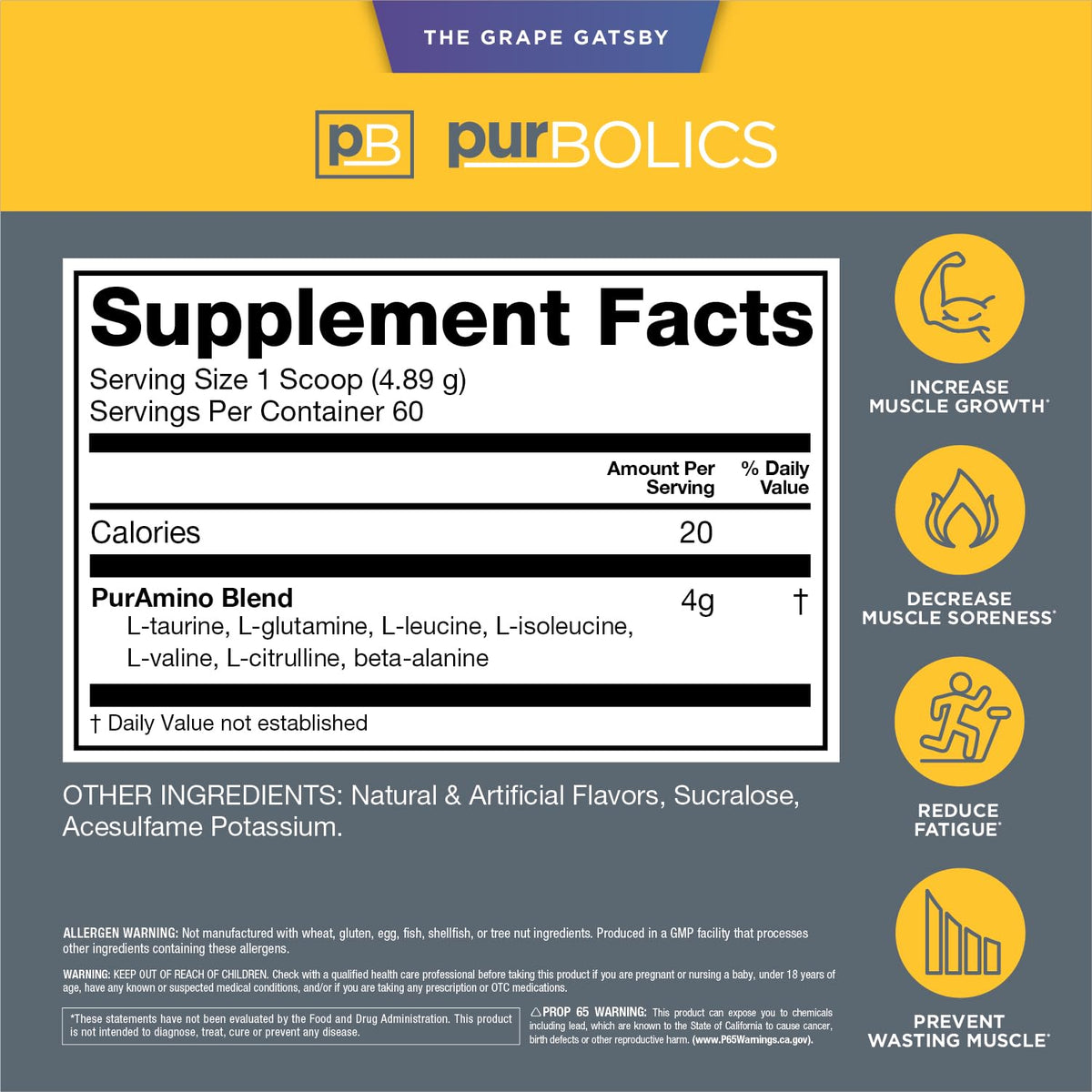 Purbolics Aminos Amino Acid Powder Grape Gatsby - 60 Servings - image 2