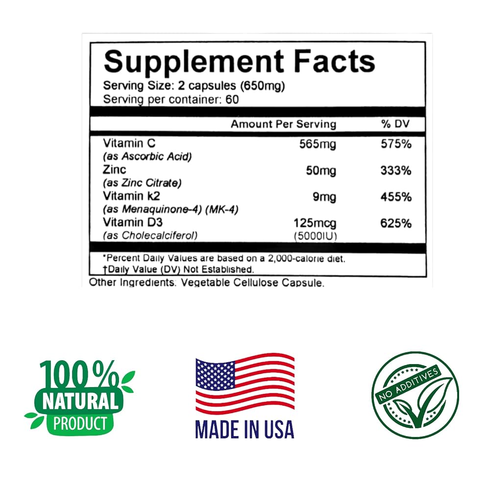 Herbs SRA Vitamin C, D3, K2 & Zinc Supplement - 120 Vegetarian Capsules - image 3