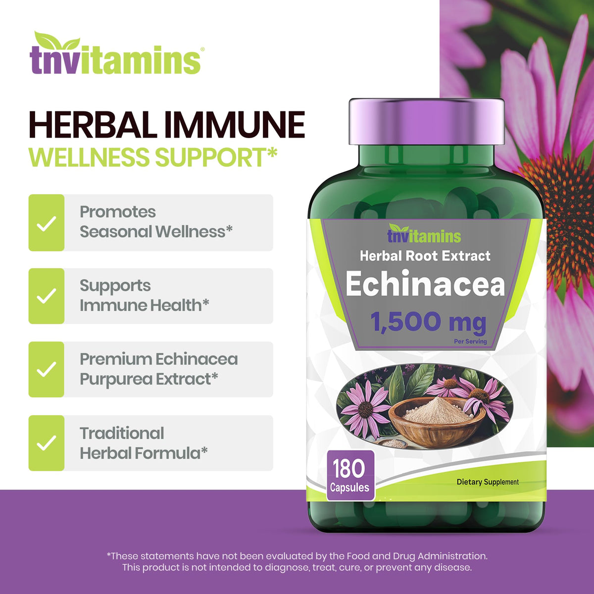 tnvitamins Echinacea Purpurea Capsules Immune Support - 180 Capsules - image 4