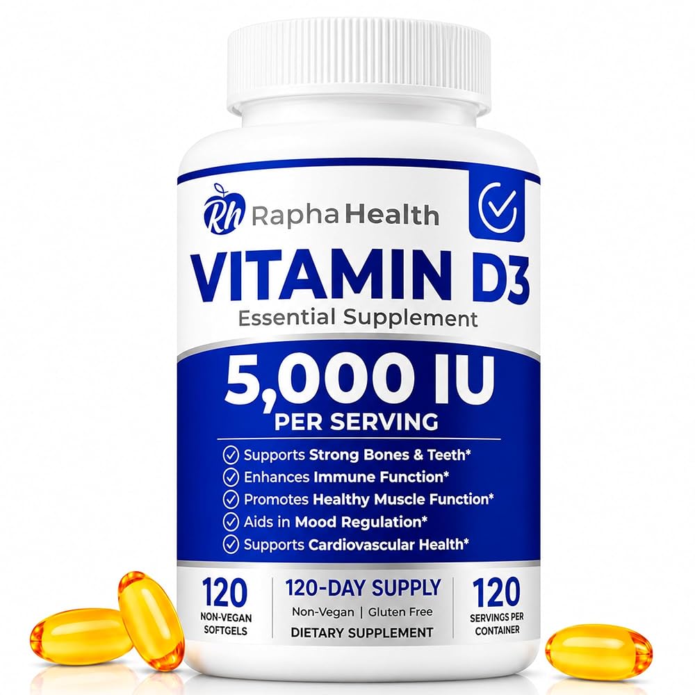 RAPHA HEALTH Vitamin D3 5000 IU Immune & Bone Support - 120 Softgels