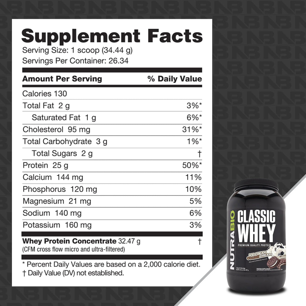 NutraBio Classic Whey Protein Powder Supplement - 25g of Protein Per