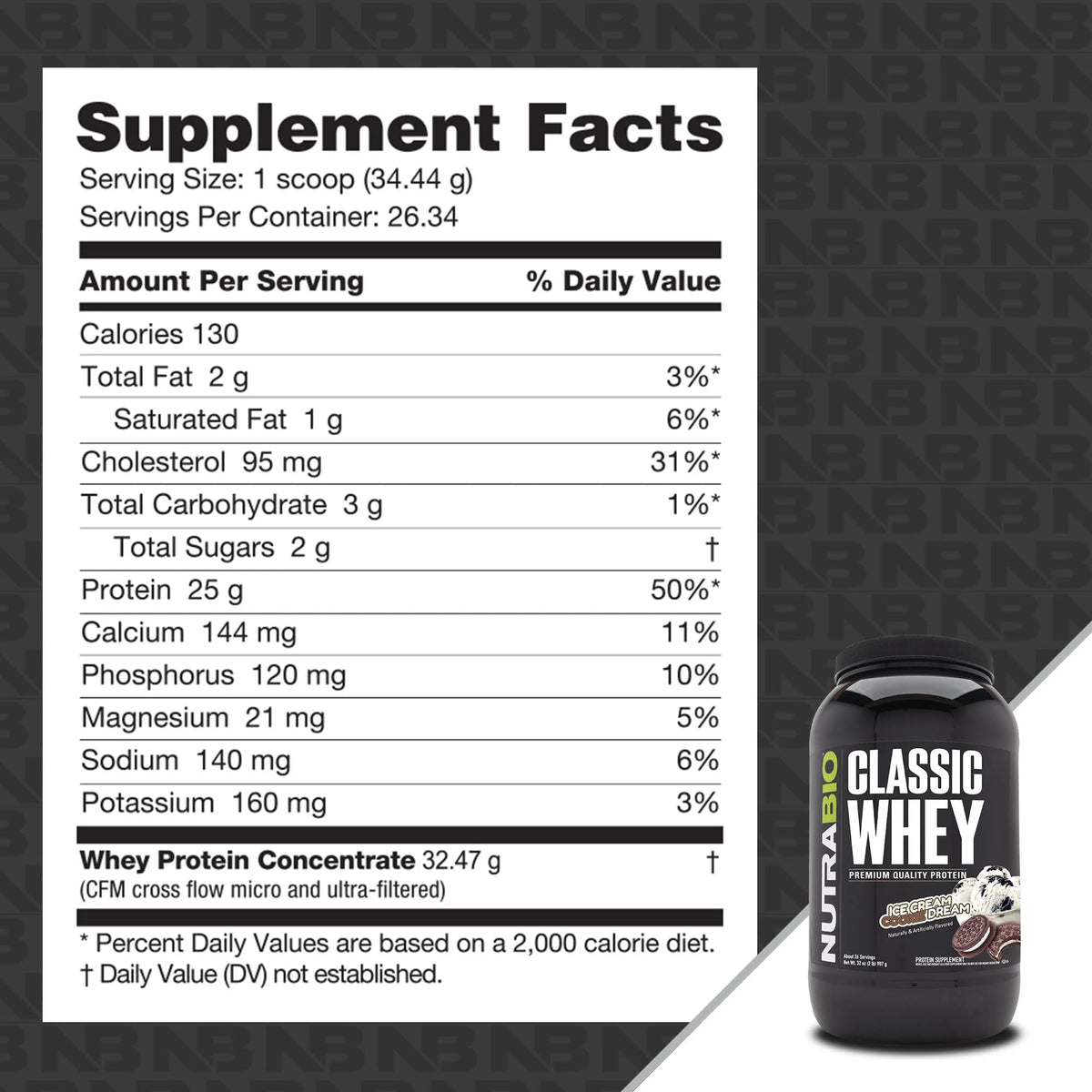 NutraBio Classic Whey Protein Powder Supplement - 25g of Protein Per