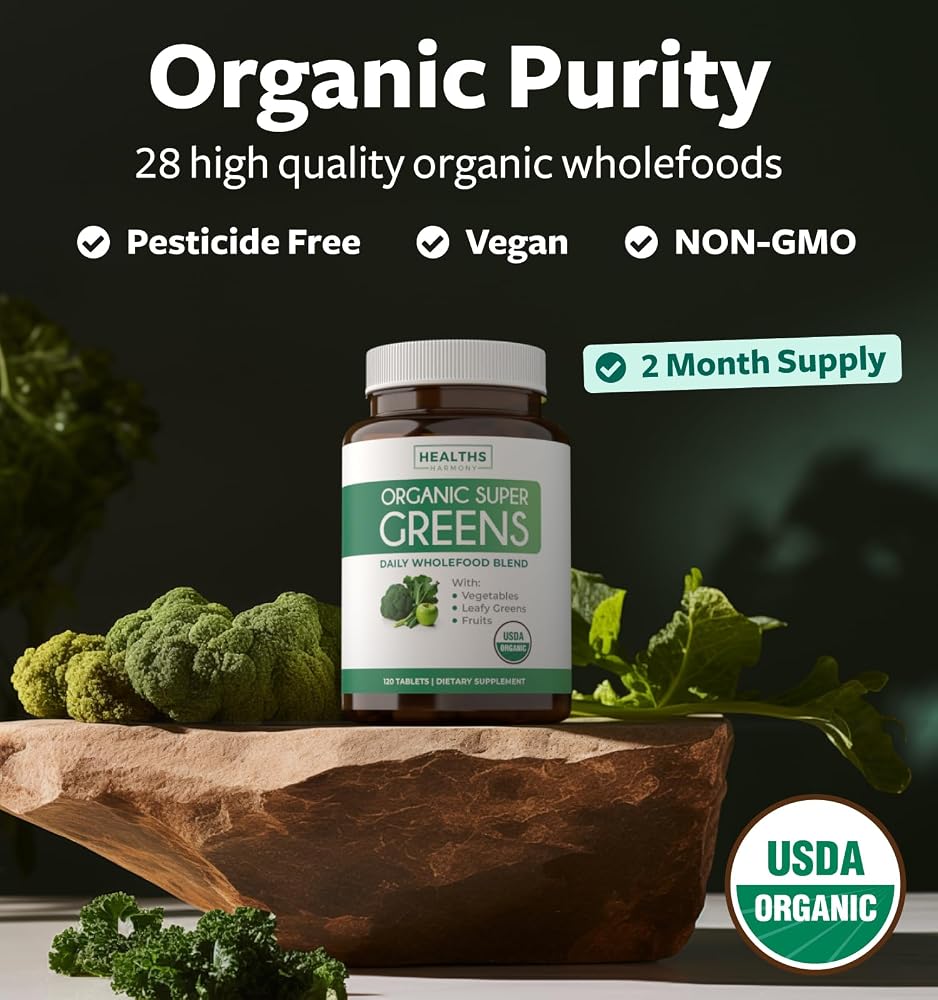 Healths Harmony USDA Organic Greens Powder Convenient Pills