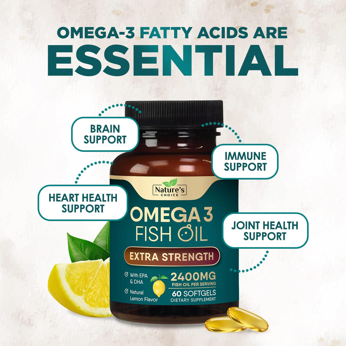 Nature's Choice Omega 3 Fish Oil Supplements - 2400mg Fish Oil Per