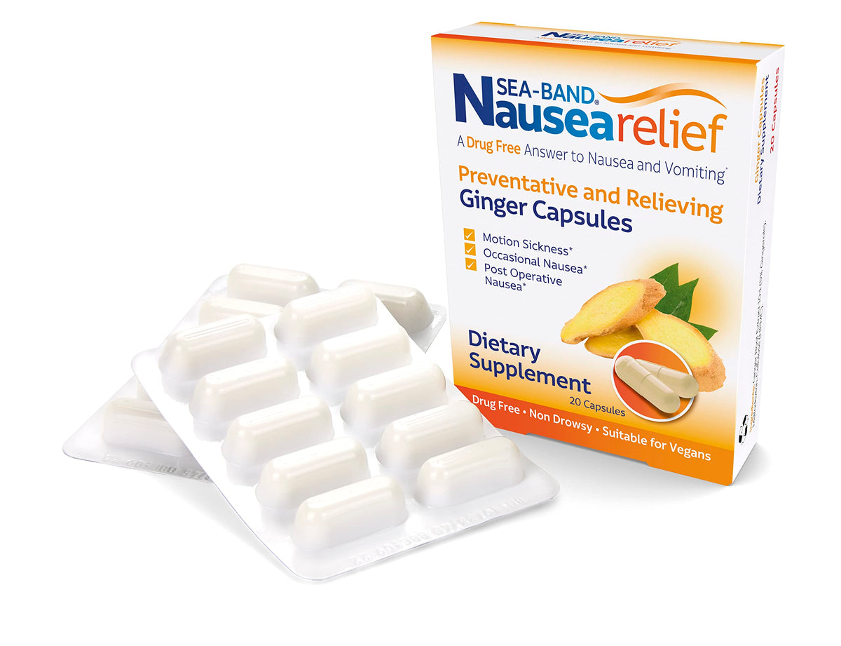 Sea-Band Anti-Nausea Ginger Capsules for Nausea Relief - 20 Capsules