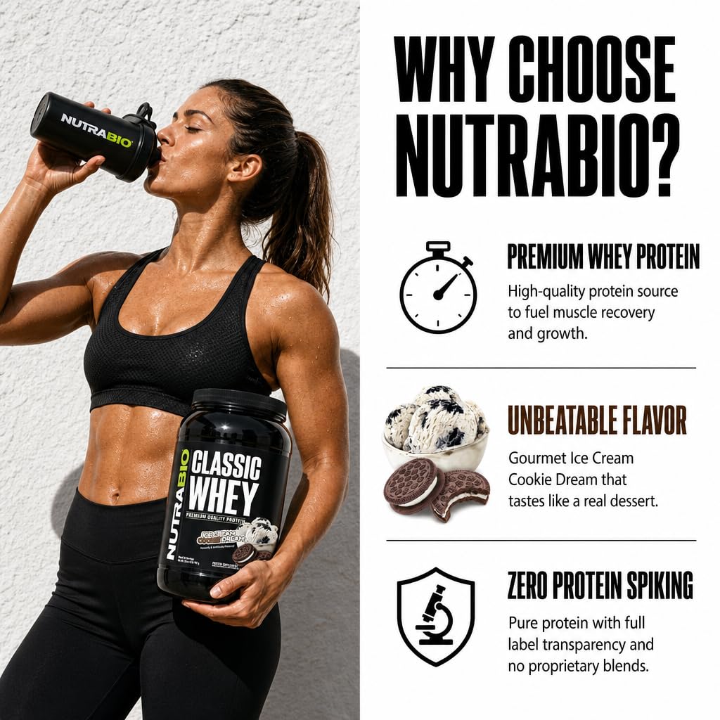 NutraBio Classic Whey Protein Powder Supplement - 25g of Protein Per