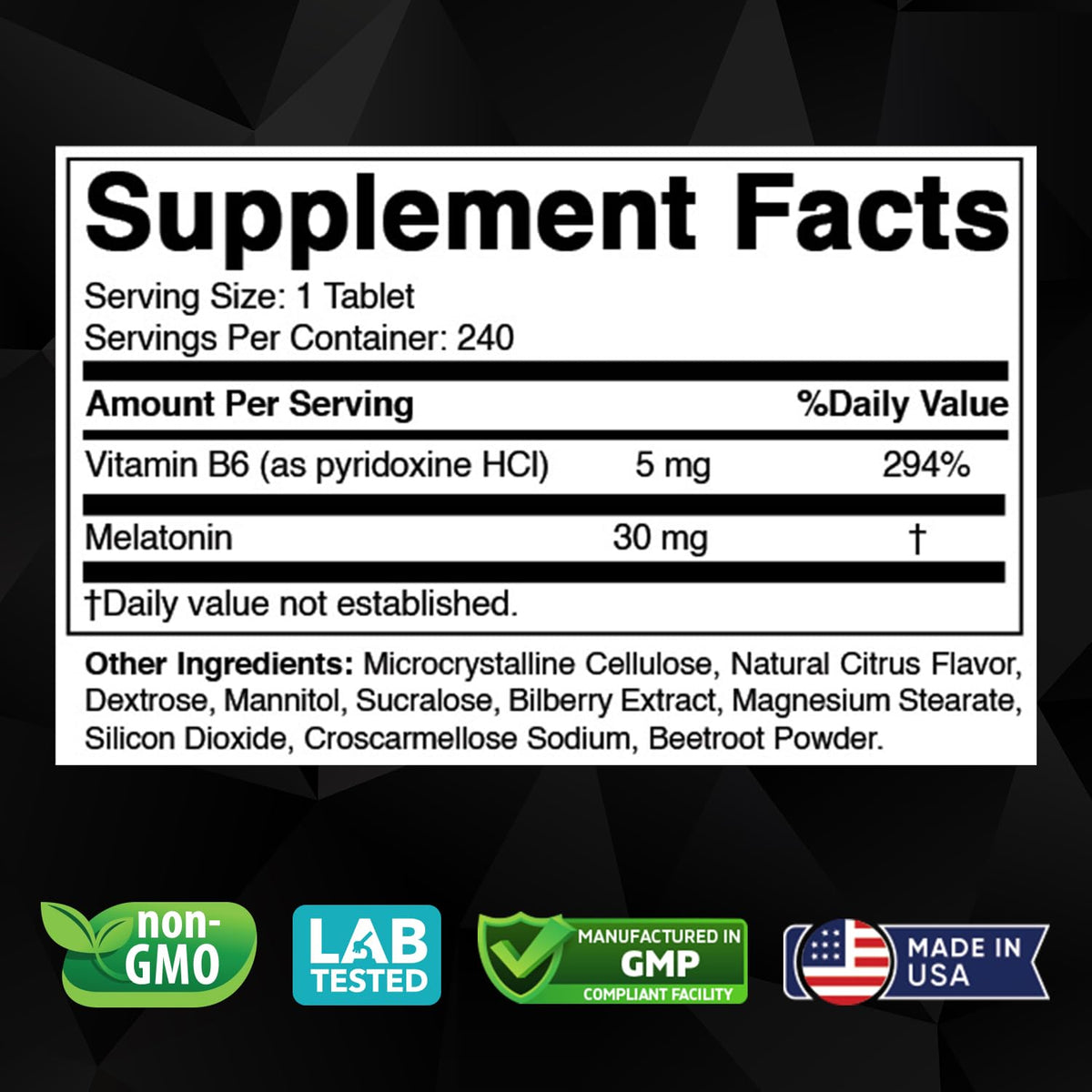 Vitabod Melatonin 30 mg with Vitamin B6 - 240 Tablets - image 2
