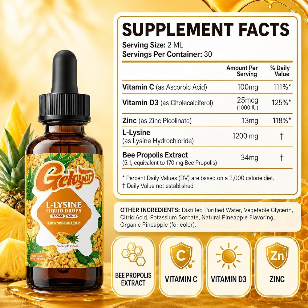 Geloyar L-Lysine Liquid Drops with Vitamin C, D3, Zinc & Bee Propolis - image 2