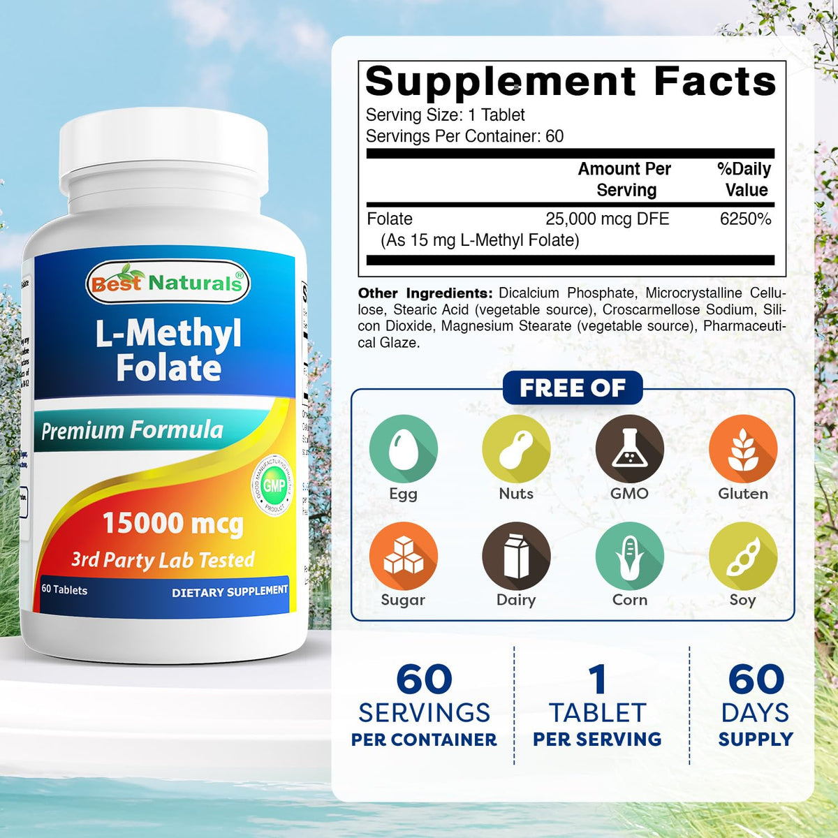 Best Naturals Methyl Folate 15000 mcg - 60 Tablets - image 2