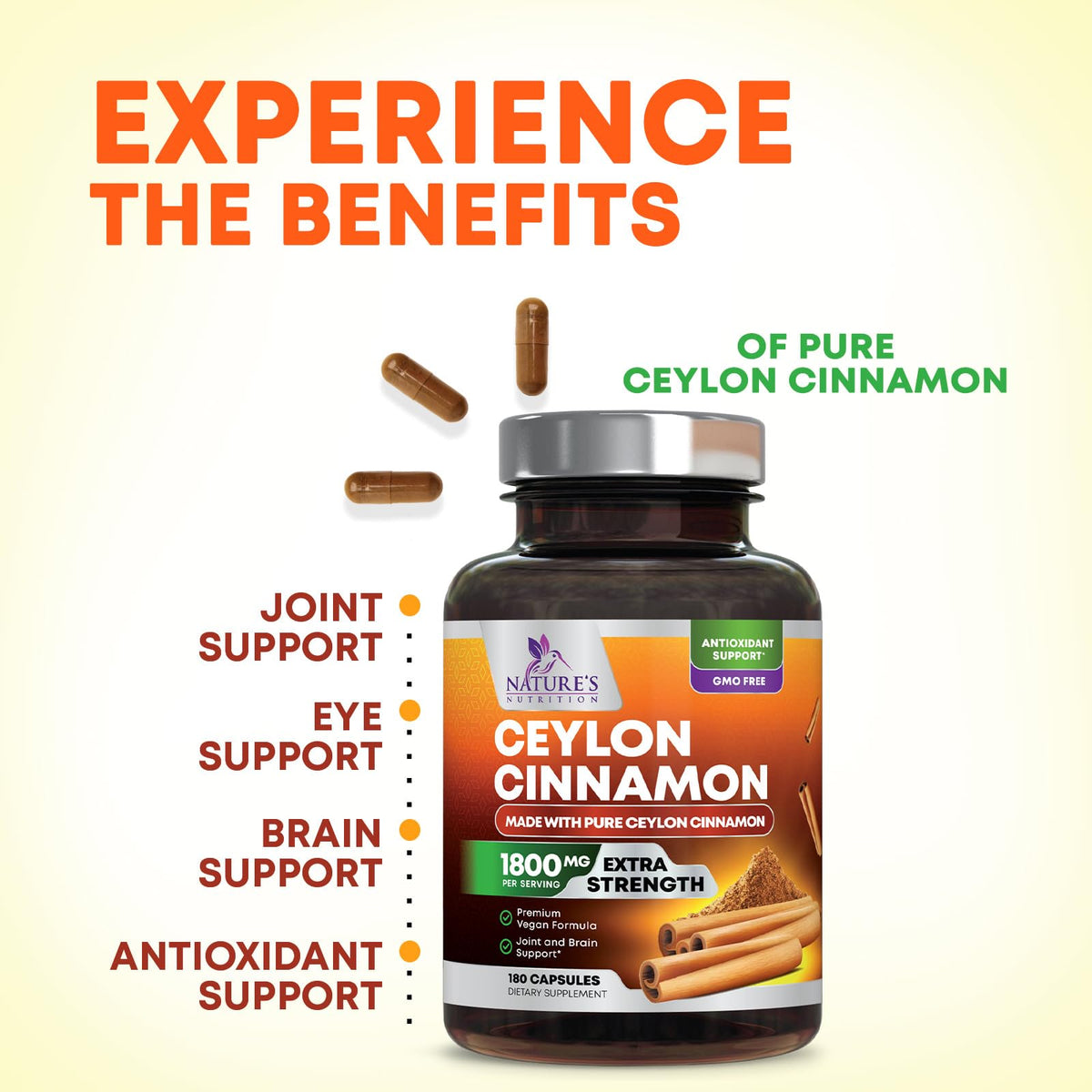 Nature's Nutrition Organic Ceylon Cinnamon Capsules 1800mg - Extra