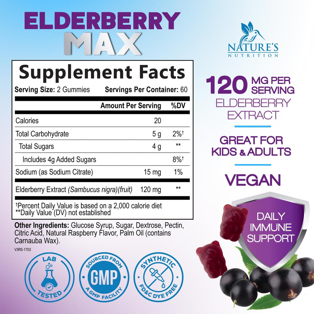 Nature's Nutrition Elderberry Gummies 120mg - 3X Strength Black
