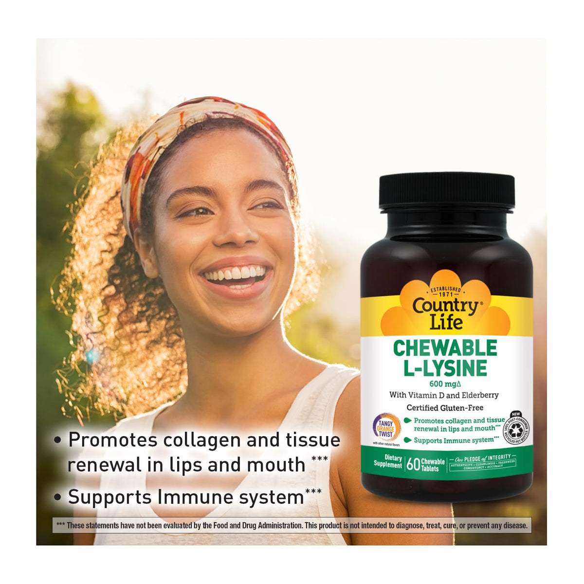 Country Life Chewable L-Lysine 600 mg with Vitamin D - 60 Tablets - image 4