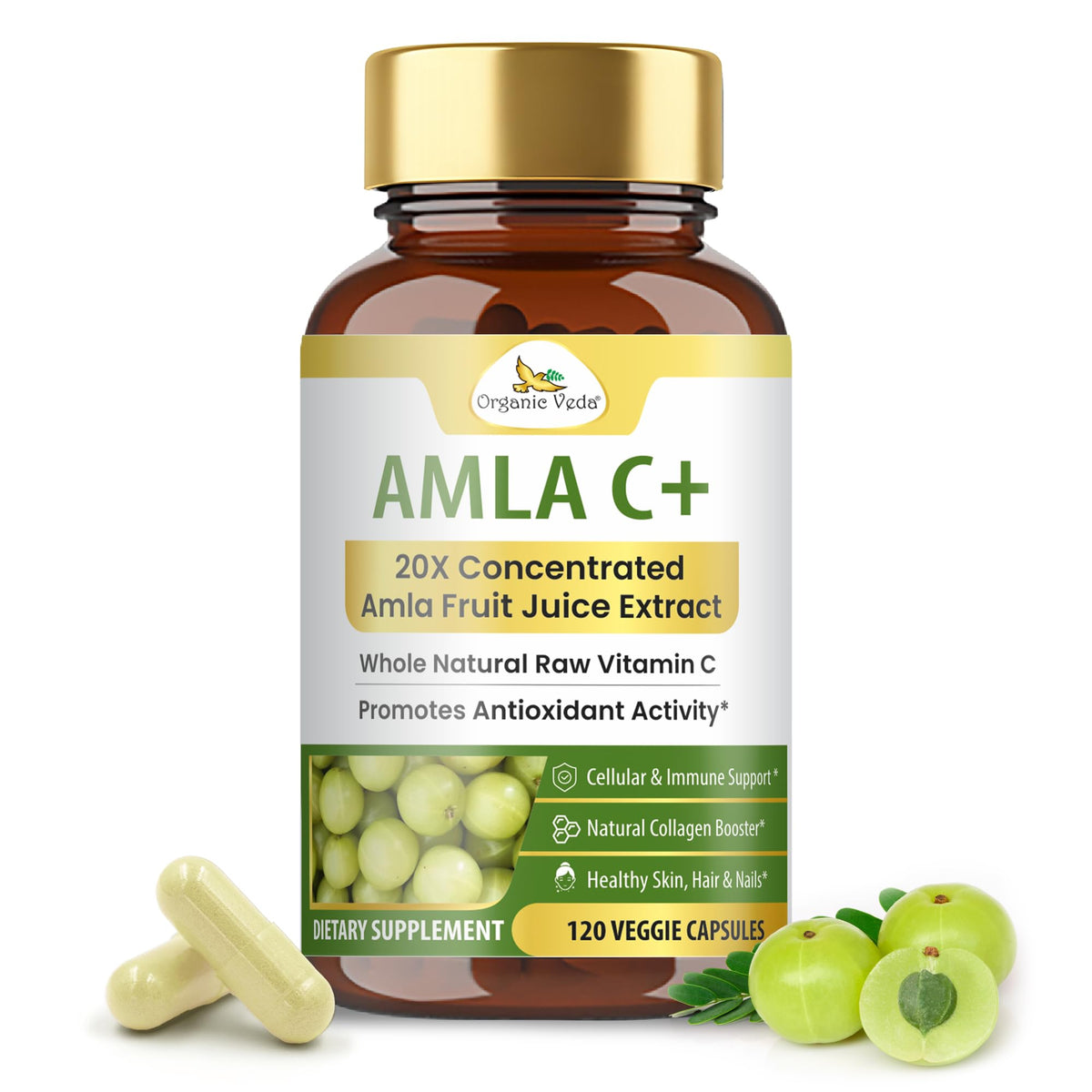 Organic Veda Amla+ Vitamin C Supplement - 120 Vegan Capsules