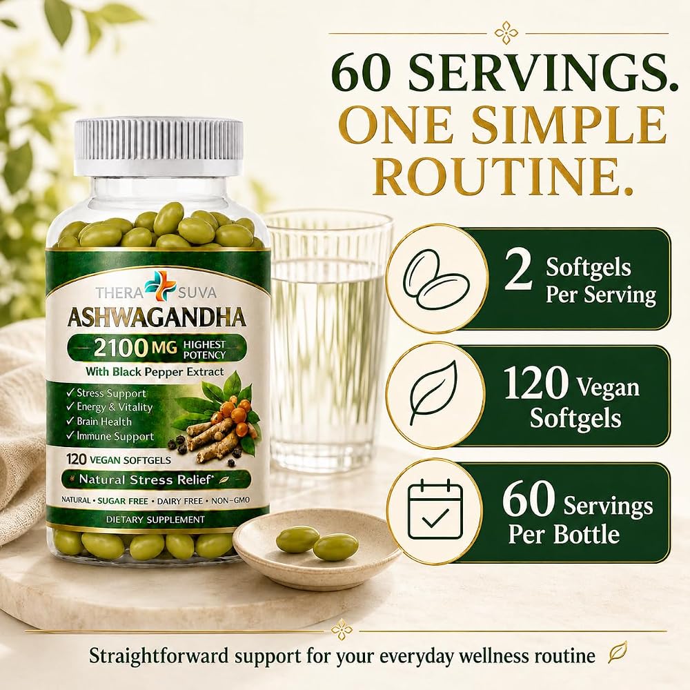 TheraSuva Ashwagandha 2100mg Supplement Stress Support - 120 Softgels - image 3