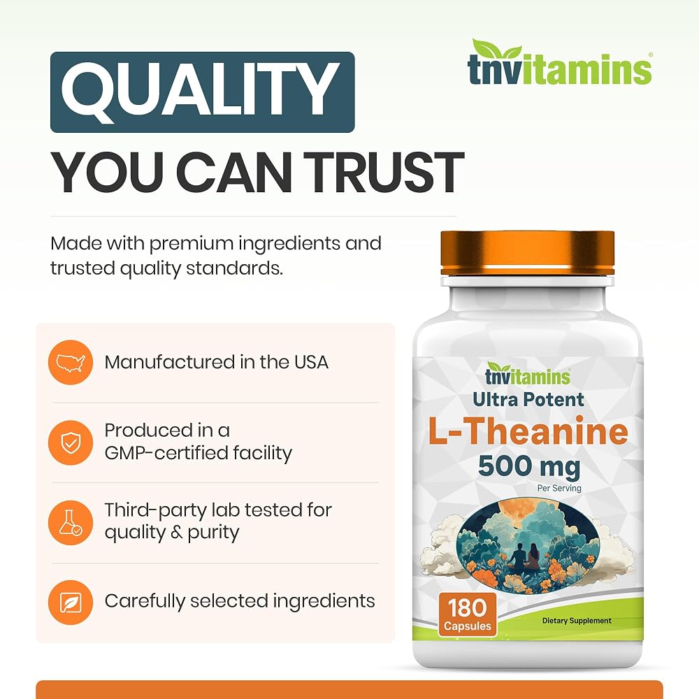 tnvitamins L-Theanine 500 mg Capsules for Calm Focus - 180 Capsules - image 7