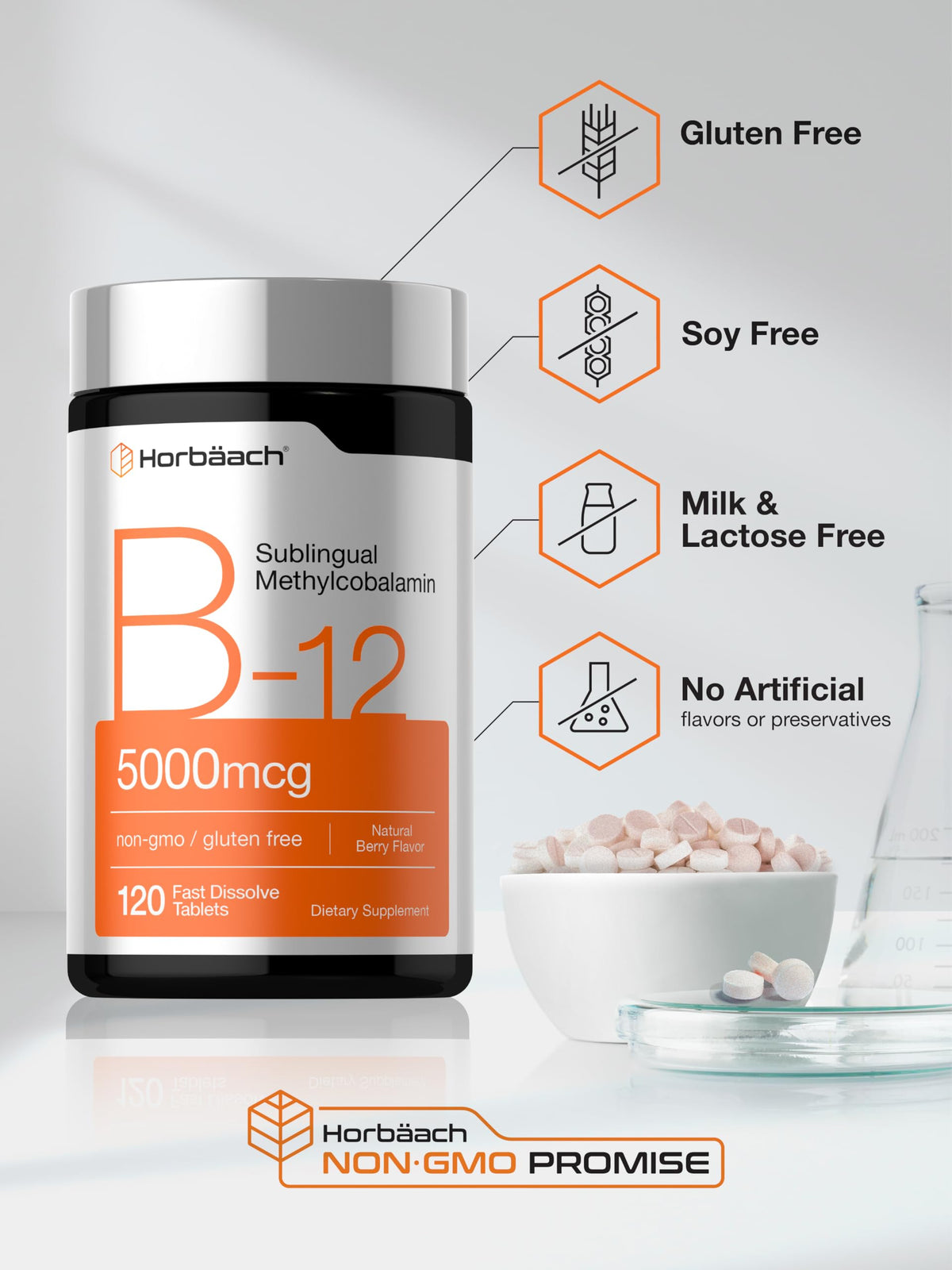 Horbäach B12 Vitamin 5000 mcg Fast Dissolve Tablets - 120 Count - image 5