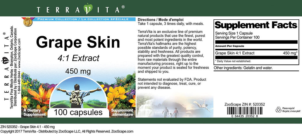 Terravita Grape Skin 4:1-450 mg (100 Capsules, ZIN: 520352)