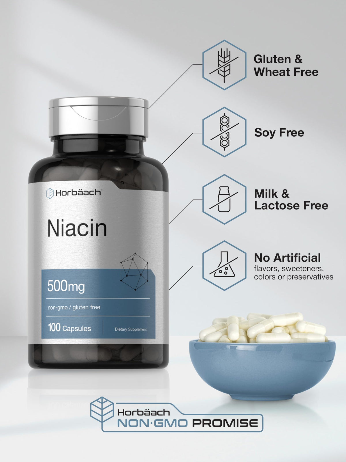 Horbäach Niacin Vitamin B3 500mg - 100 Capsules - image 5