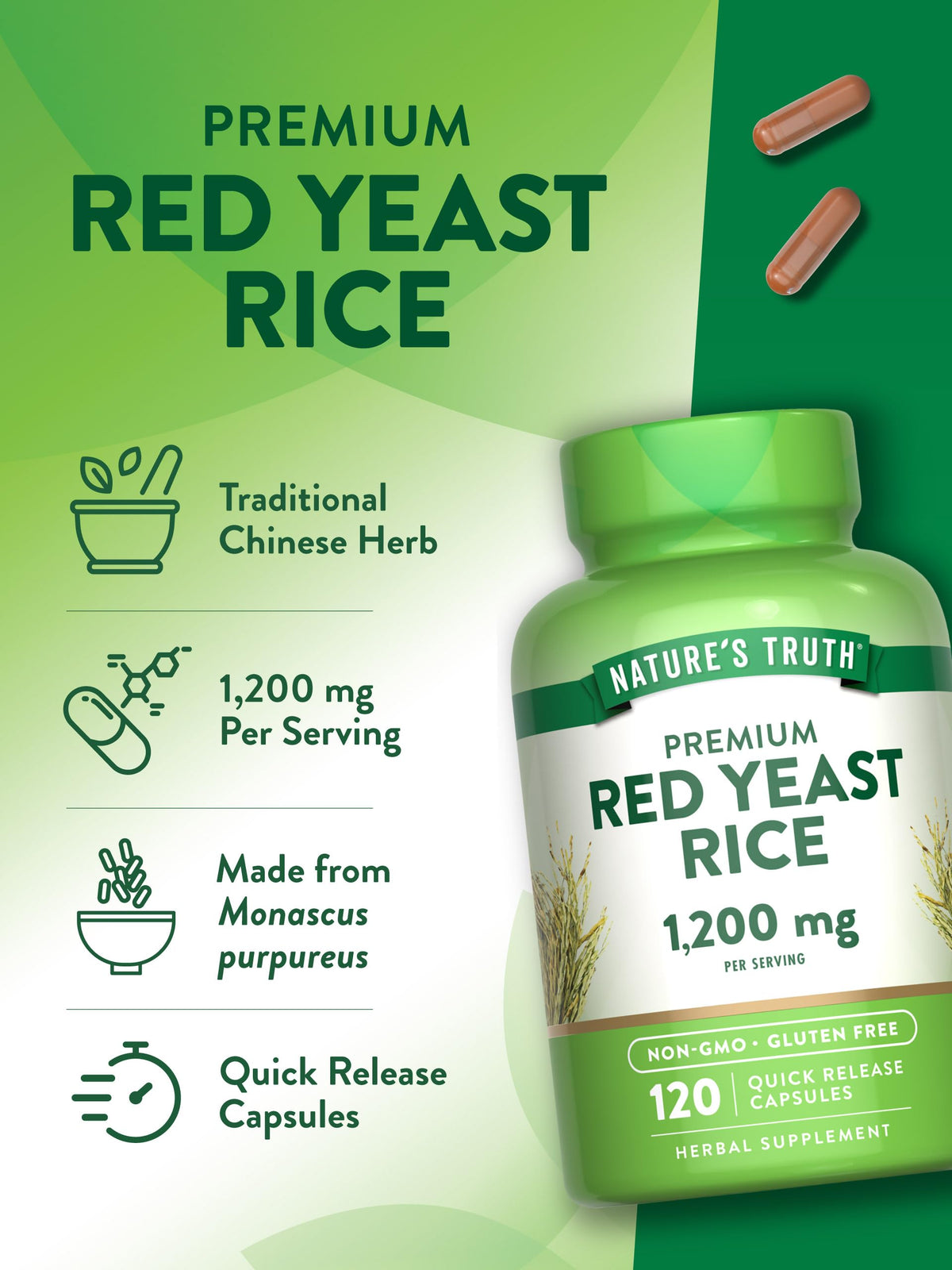 Nature's Truth Red Yeast Rice Herbal Supplement 1200 mg - 120 Capsules - image 5