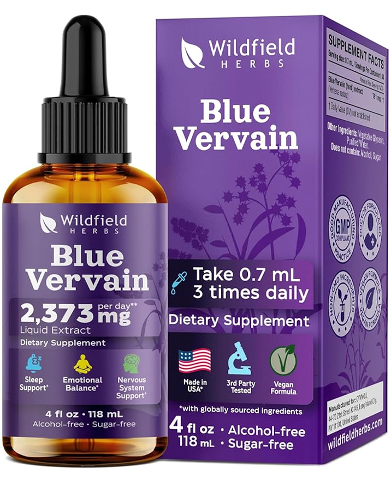 WILDFIELD HERBS 4 Oz Blue Vervain Extract Liquid Drops - Mood & Calm Support | 2 Month Supply | - Made in USA - Blue Vervain Herb Supplement - Alcohol & Sugar Free