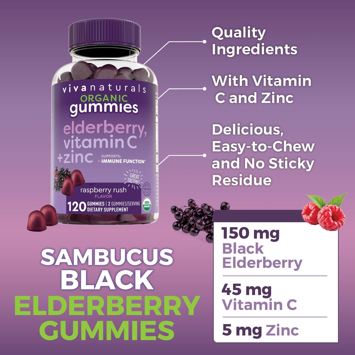 Viva Naturals Black Elderberry Vitamin C Zinc Gummies - 120 Count - image 3