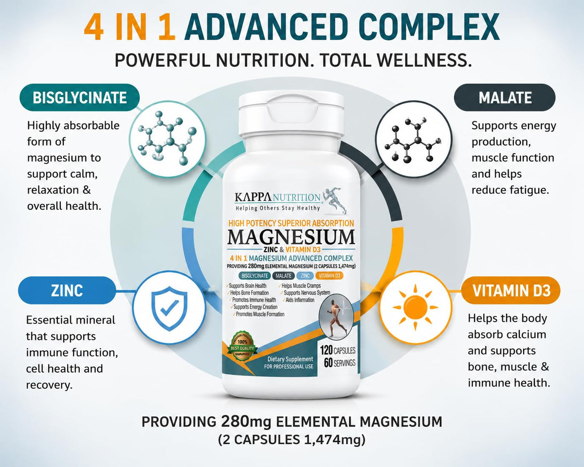 Kappa Nutrition Magnesium 4-in-1 with Zinc & Vitamin D3 - 120 Capsules - image 8