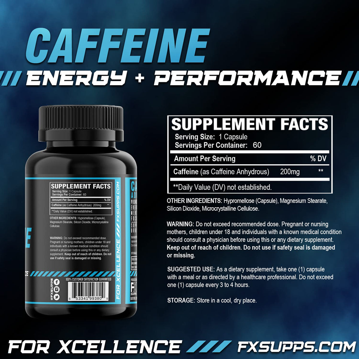 FXSUPPS Caffeine 200mg Energy Capsules - 120 Capsules - image 2