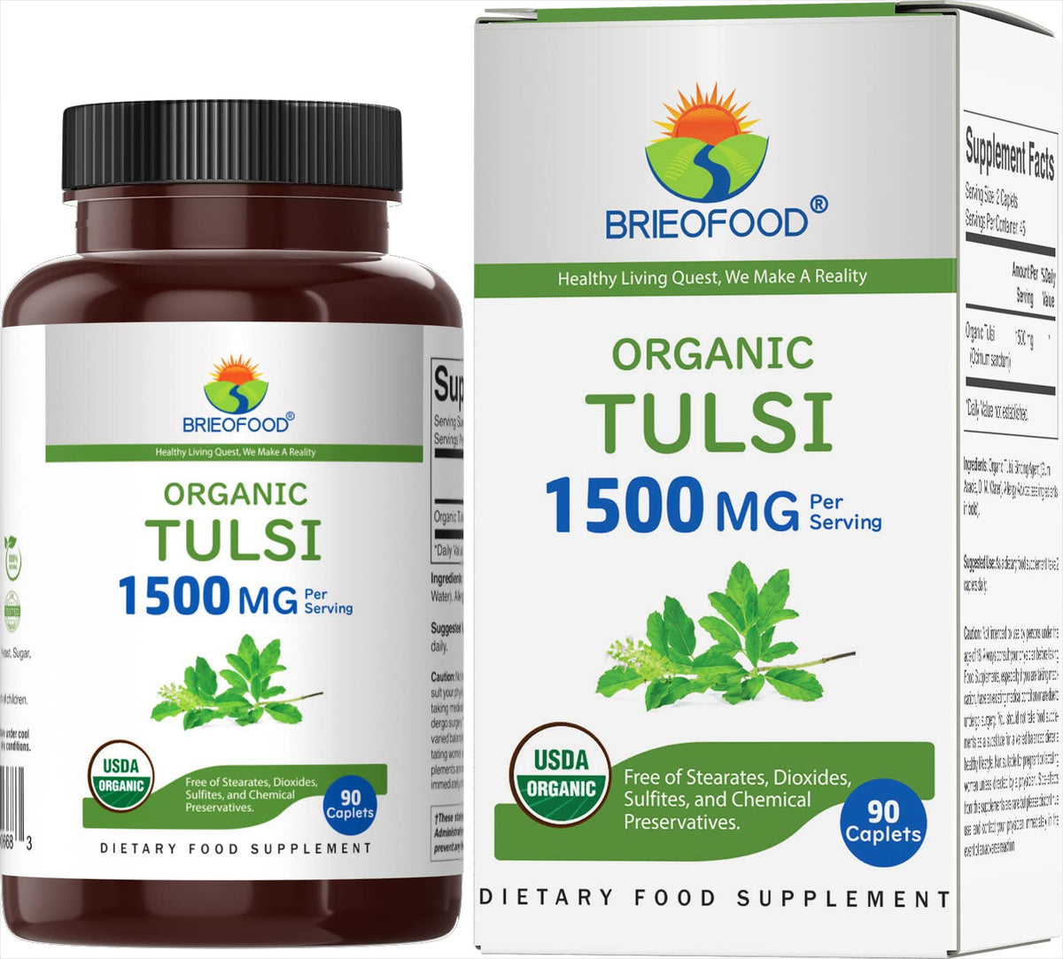 Brieofood Organic Tulsi (Holy Basil) 1500mg - 90 Vegetarian Tablets