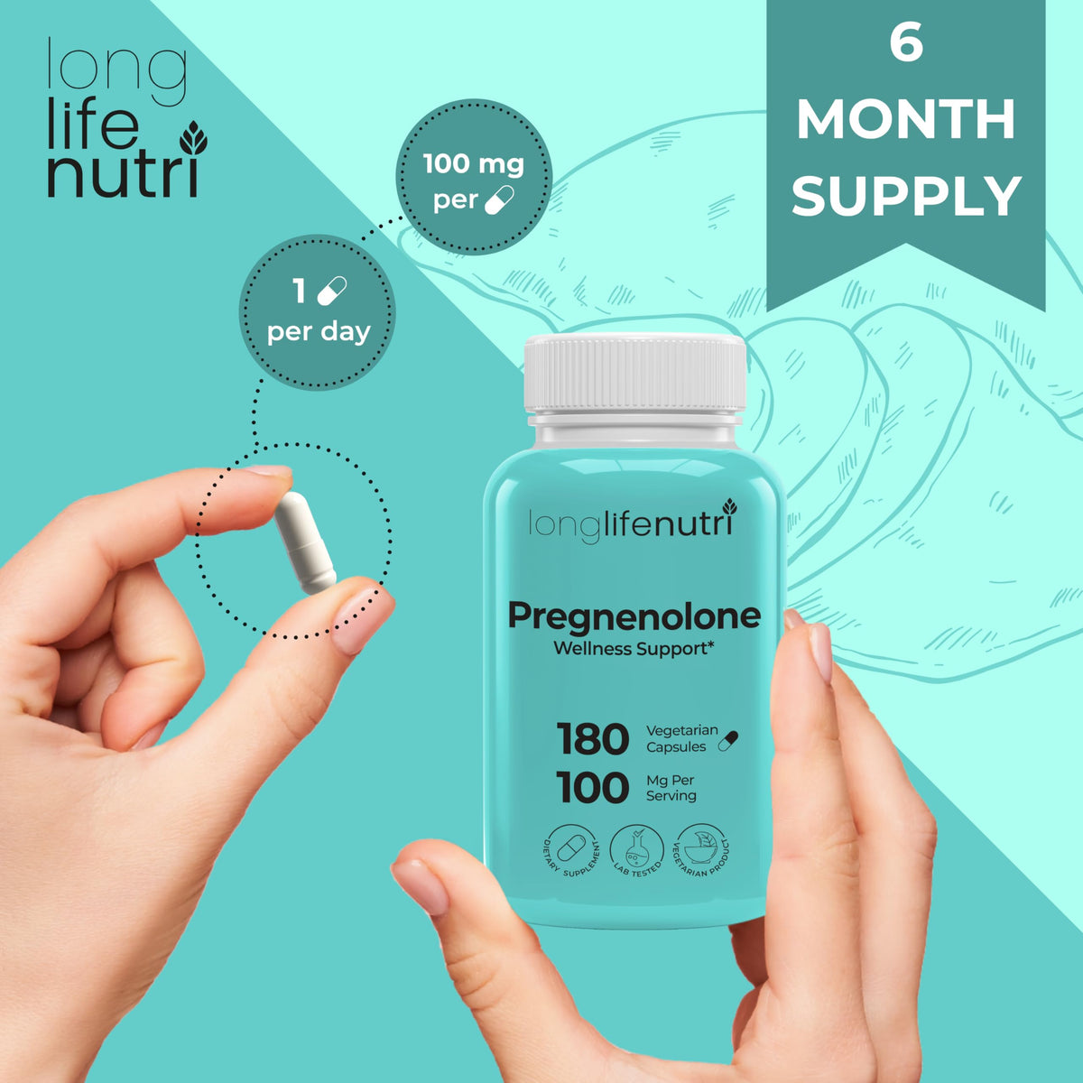 LongLifeNutri Pregnenolone 100mg Brain & Hormone Support - image 4