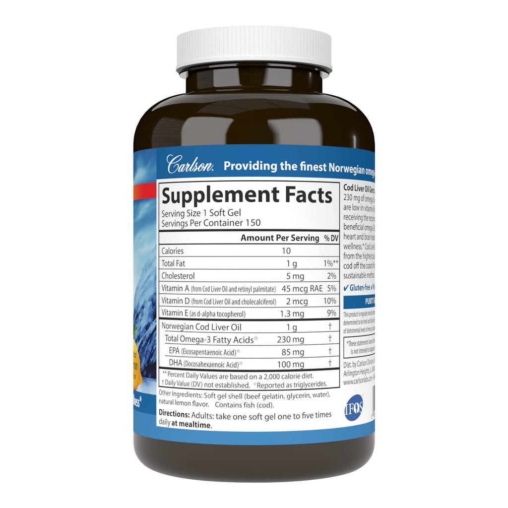Carlson Cod Liver Oil Gems Low Vitamin A 230 mg Omega-3 - 150 Softgels - image 2
