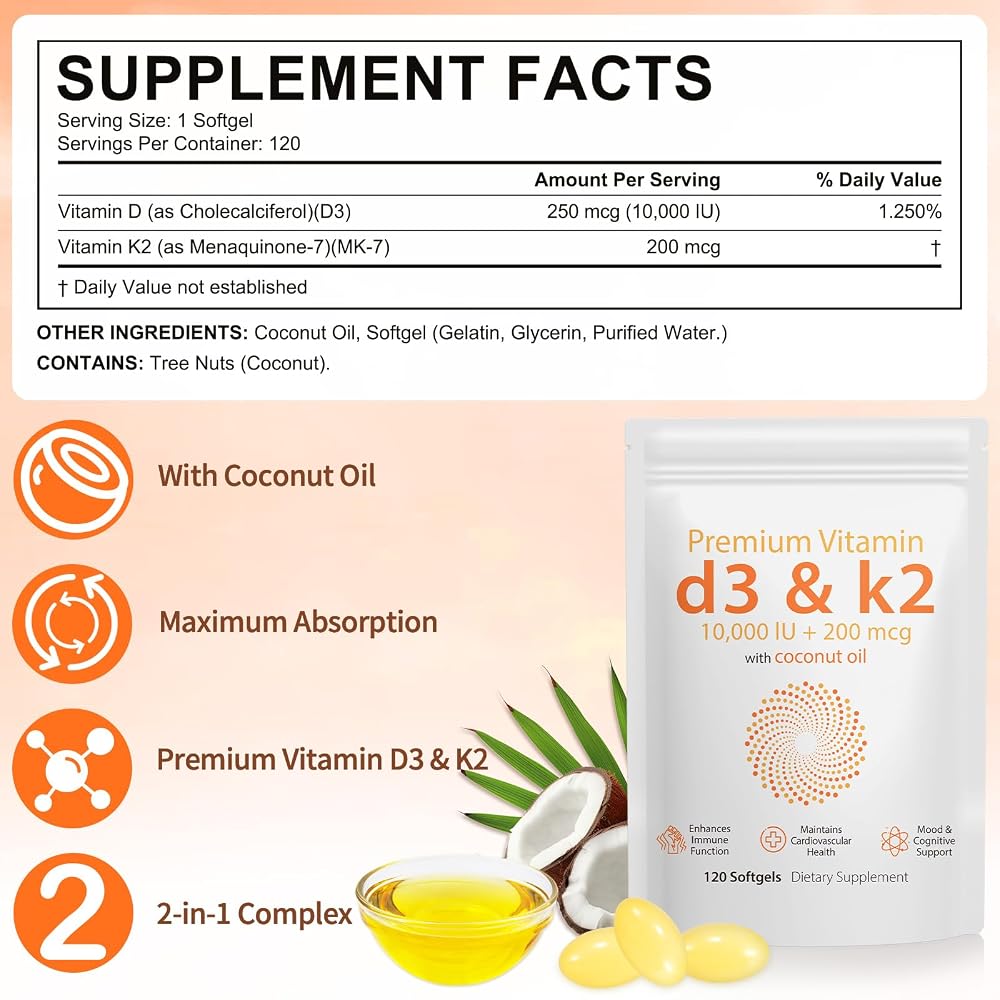 Daiasns D3 K2 Vitamin 10000 IU - 240 Virgin Coconut Oil Softgels