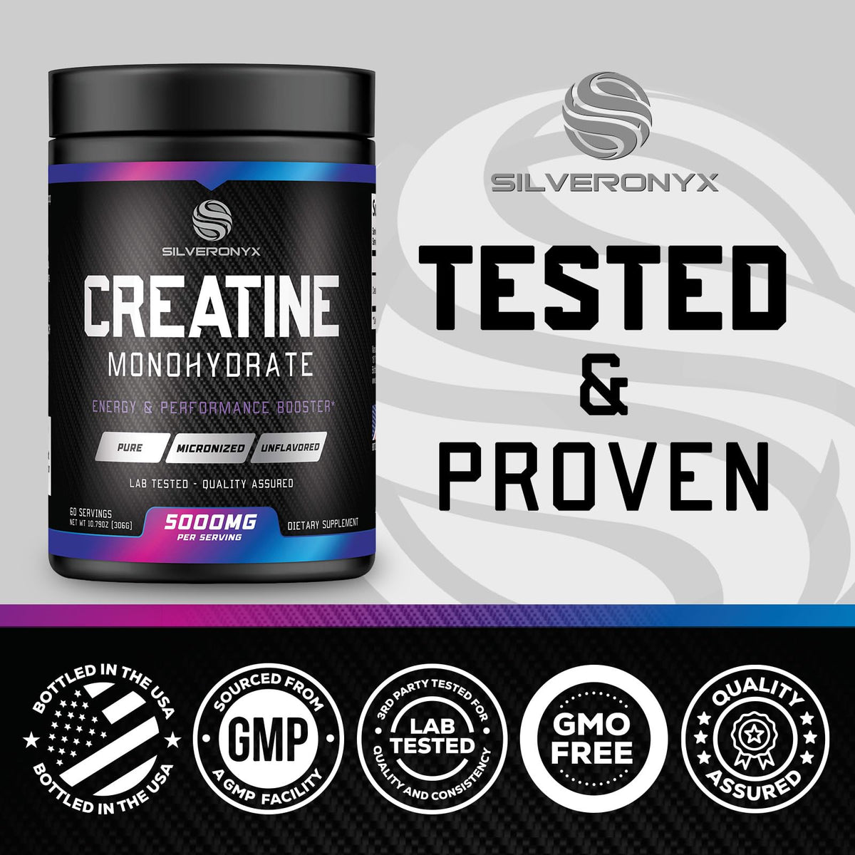 SILVERONYX Creatine Monohydrate Powder 5000mg - 60 Servings - image 4