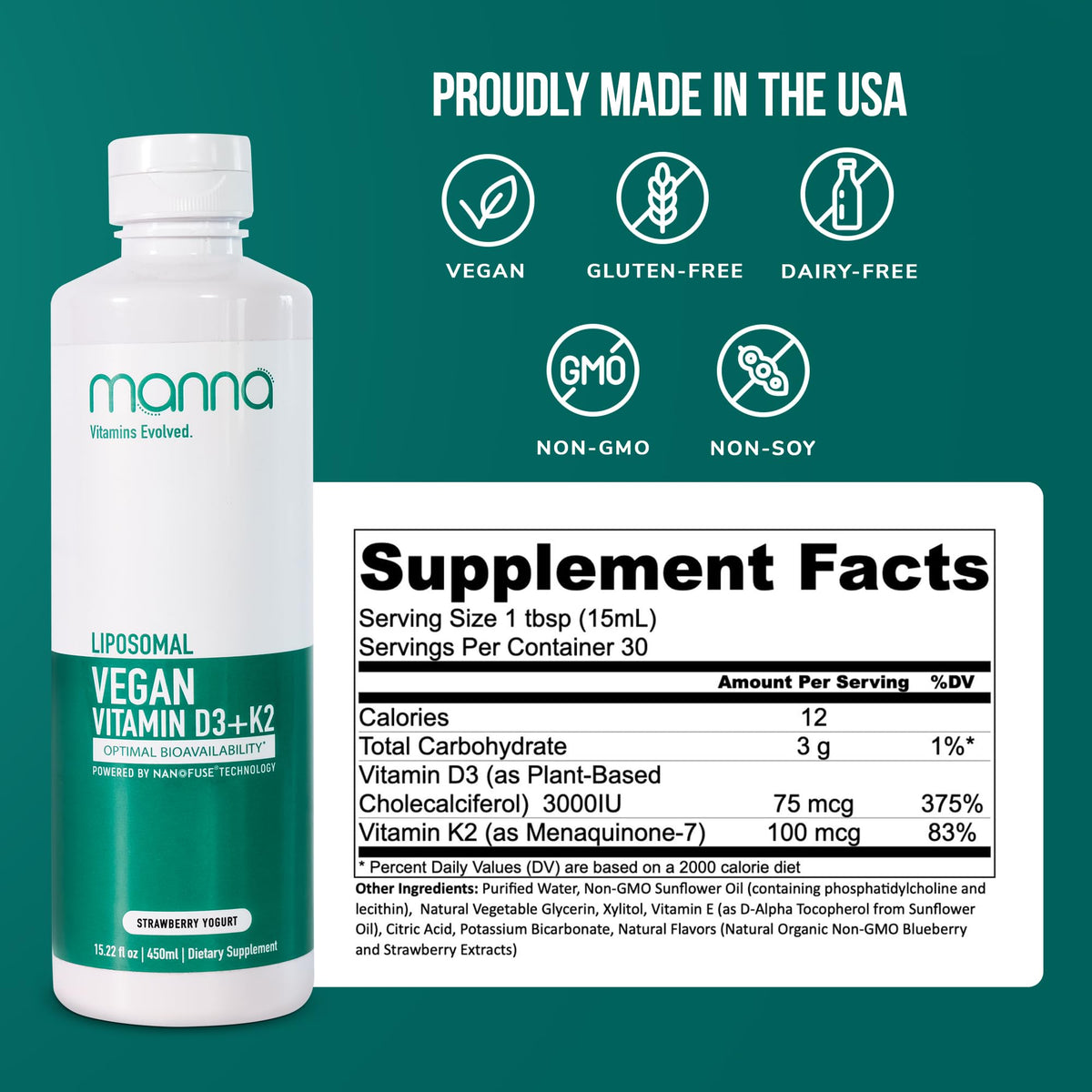 Manna Vitamins Evolved Liposomal Vegan K2 D3 - 15.22 Fl Oz - image 2