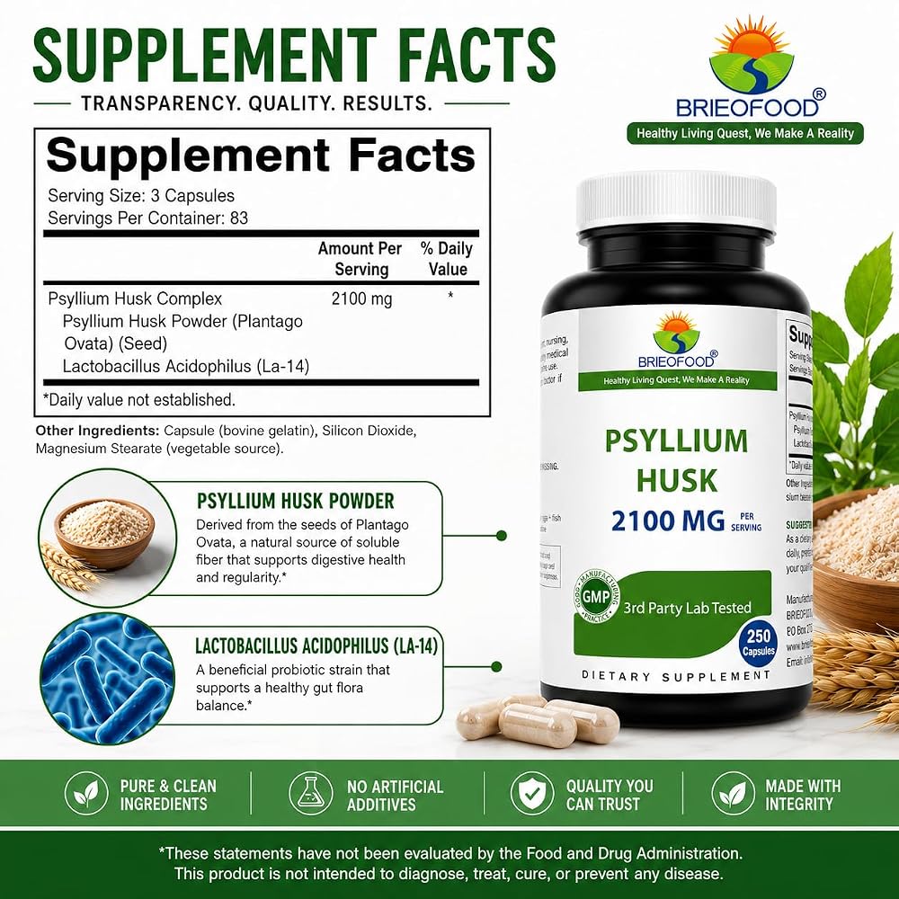 Brieofood Psyllium Husk Fiber with Acidophilus - 250 Capsules - image 2
