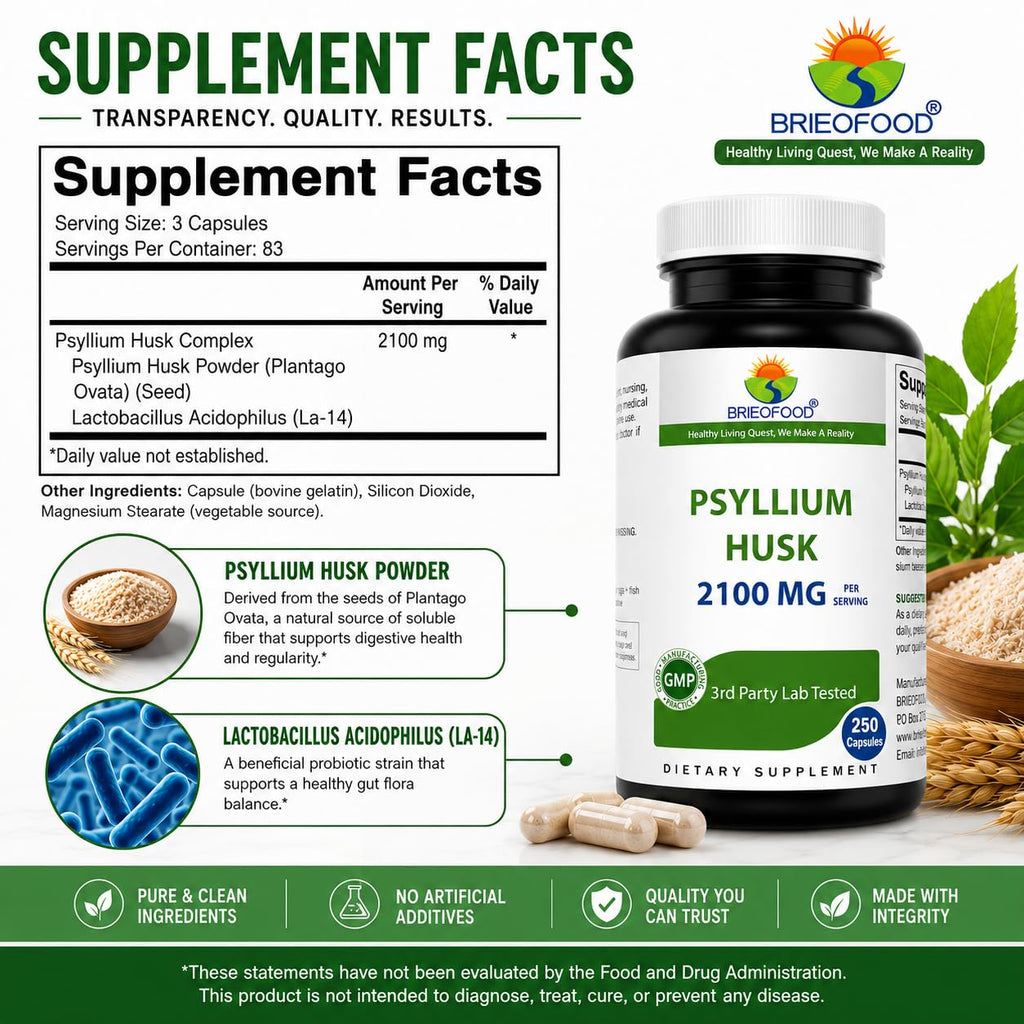 Brieofood Psyllium Husk Fiber with Acidophilus - 250 Capsules - image 2