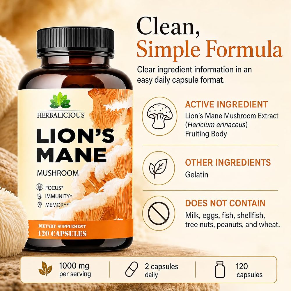 HERBALICIOUS Lion's Mane Supplement Capsules for Memory & Focus - 120 Capsules - image 5