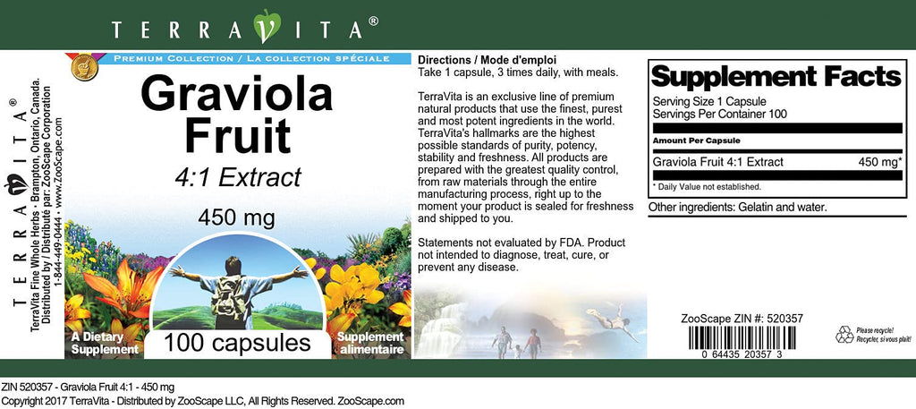 Terravita Graviola Fruit 4:1-450 mg (100 Capsules, ZIN: 520357)