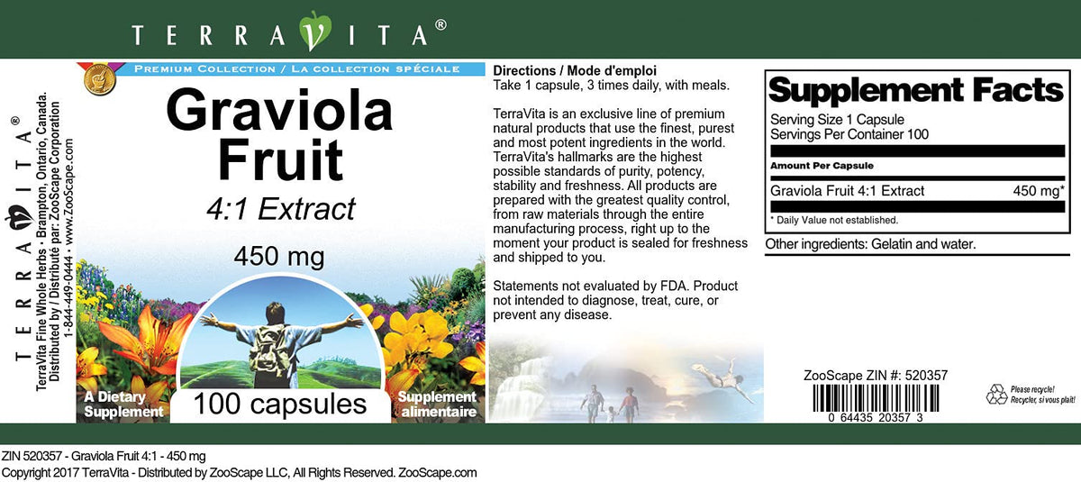 Terravita Graviola Fruit 4:1-450 mg (100 Capsules, ZIN: 520357)